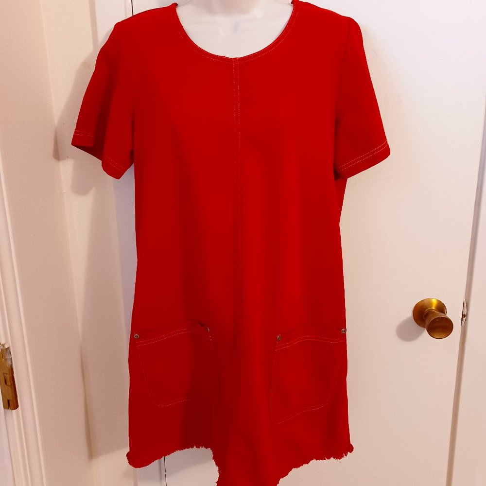 The Vintage Twin Red Mini Dress Raw Edge Hem and Pockets!